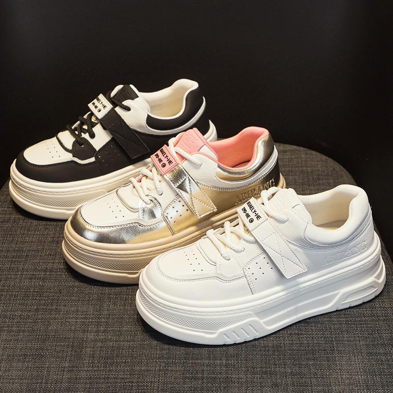 Petites Chaussures Blanches en Cuir pour Femmes Semelle Épaisse Muffin Baskets Décontractées Chaussures Pain