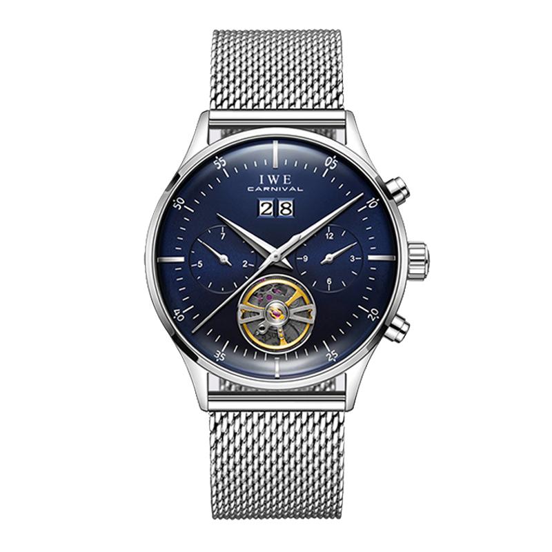 New CARNIVAL Grey Dial Luxury Tourbillon Watch For Men Mechanical Travel Time Wrist Watch Men Leather Waterproof