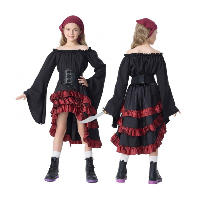 Girls Pirate Costume Set Long Sleeve Blouse High Waist Mermaid Skirt Halloween Performance Dance Outfit