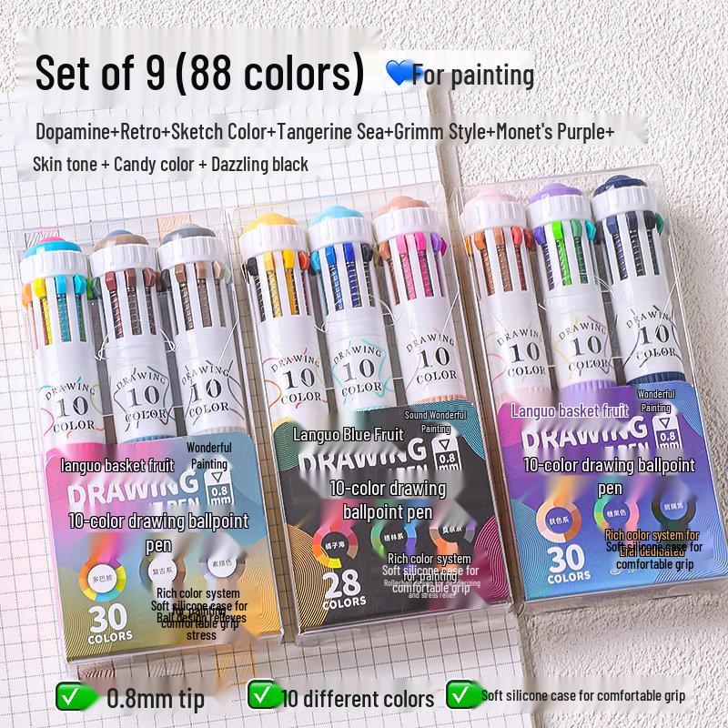 10-Color Stackable Ballpoint Pen Set – Press-Type, Multi-Functional Pens for Drawing & Journaling for Elementary Students