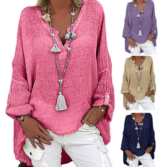 Women Shirt V-Neck Long Sleeve Mid-length Casual Tops Solid Color Loose Fit Cotton Linen Tee Shirt Daily Wear