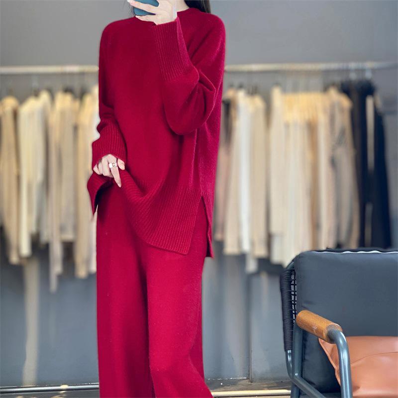Autumn/Winter Cashmere Knitwear: Thick Long Sweater & Loose Wide-Leg Pants Two-Piece Set