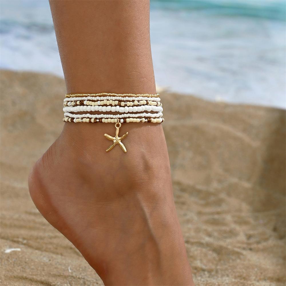 Big Starfish Pendant Rainbow Glass Beads Anklets For Women Gold Color Foot Chain Beach Jewelry Ankle Bracelet Summer Accessories
