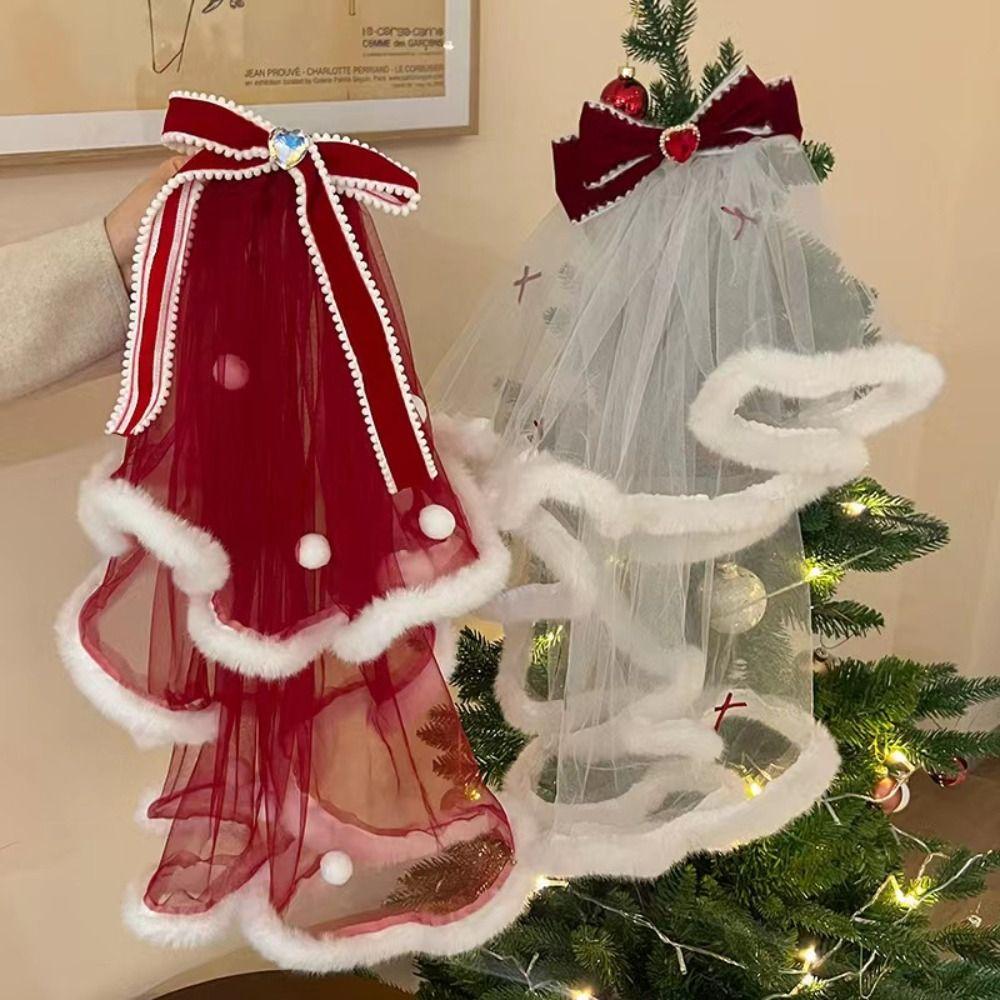 Bowknot Long Velvet Bow Veil Heart Christmas Hair Clip Premium Wedding veil  Wedding