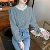 2025 Retro Checkered Lace Long Sleeve Shirt for Women - Spring/Autumn Round Neck Top