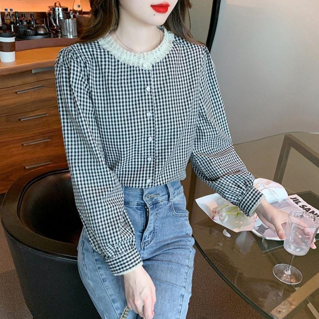 2025 Retro Checkered Lace Long Sleeve Shirt for Women - Spring/Autumn Round Neck Top