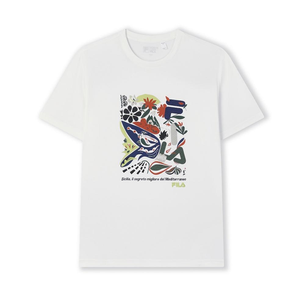 FILA Heritage Series Casual Versatile Knitted Short Sleeve T-Shirt Men Tops Cloud-Mushroom-White F11M528103F-WT