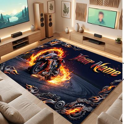 Motorcycle Biker Theme Soft Crystal Velvet Rug Custom Name & Text Print Non Slip Floor Rug for Bedroom Living Room