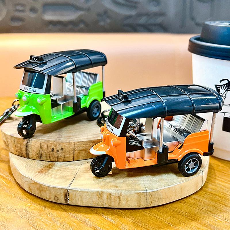 1Pc Three Wheeled Motorcycle Toy Tricycle Retro Simulation Model Keychain Diecast Autorickshaw Car Model Figure Toys For Kids