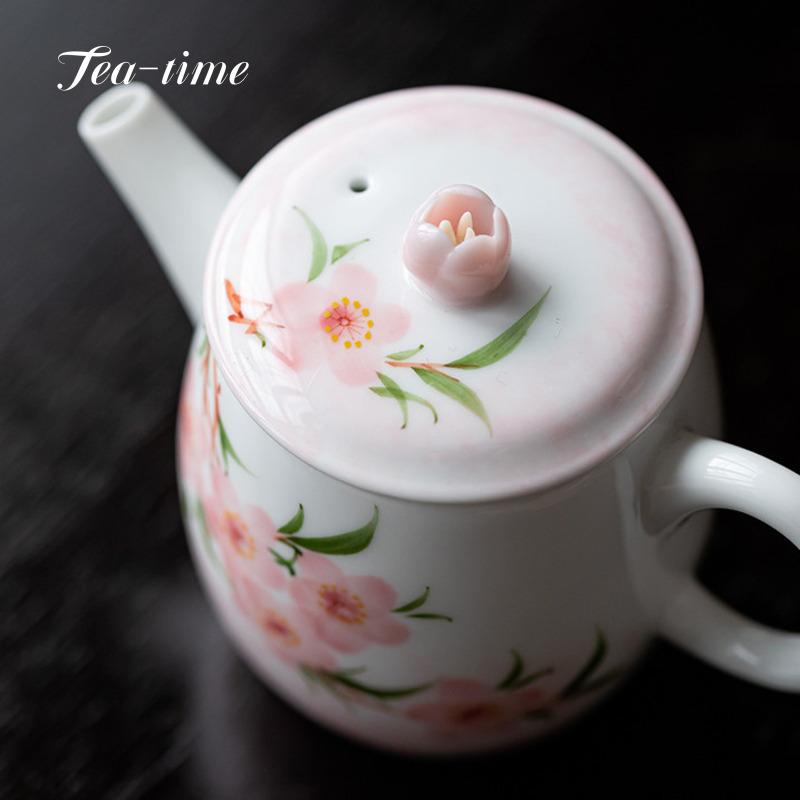Pure Hand Painted Peach Blossom Tea Pot Kettle Japanese Teapot Porcelain Chhai Filter Handmade Puer Ceramic Pots Supplies Clay
