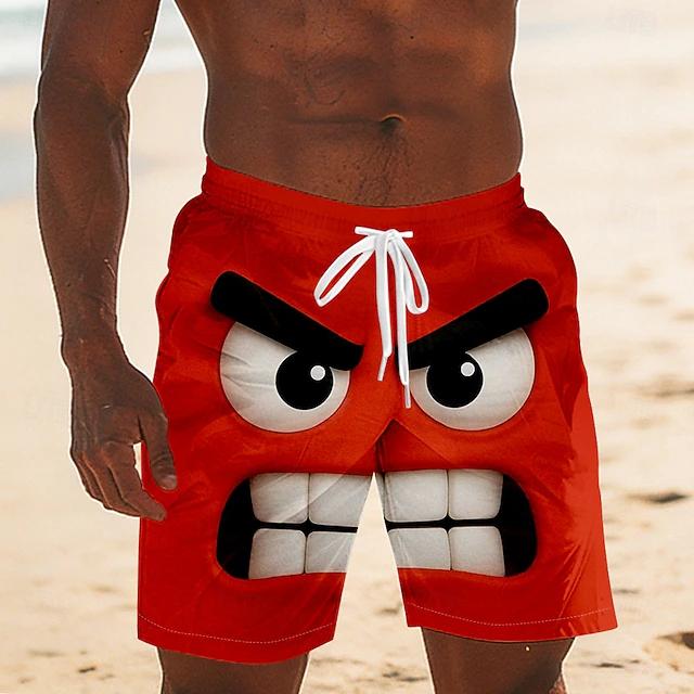 Lustiger Cartoon-Gesichtsdruck Herren Strandshorts Schnelltrocknend Atmungsaktiv Kordelzug Elastischer Bund Social Media Viraler Stil Badehose