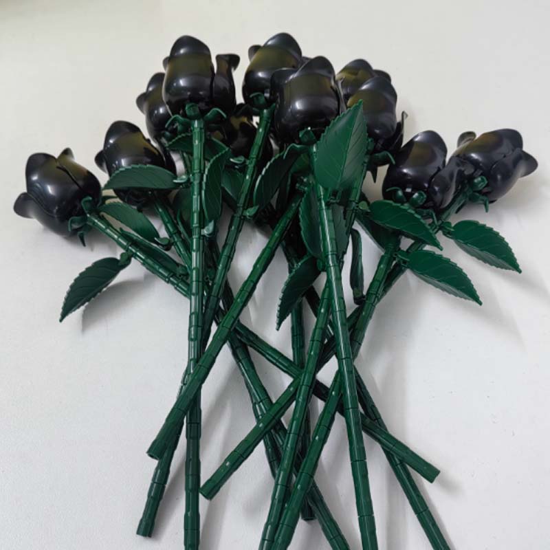 New 12 PCS Black Rose Building Block Set Plant Bouquet High Quality Simulated Roses Flowers Gothic Decoration Mother's Day Gifts