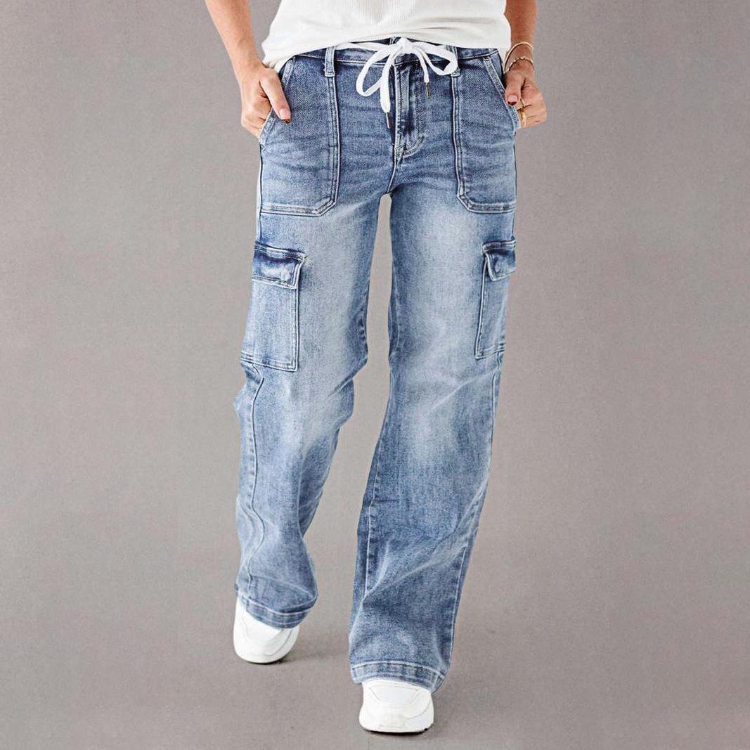 

Light Wash Lace-up Cargo Straight Leg Jeans for Women (2025 European & American Style) XXL светло-синий