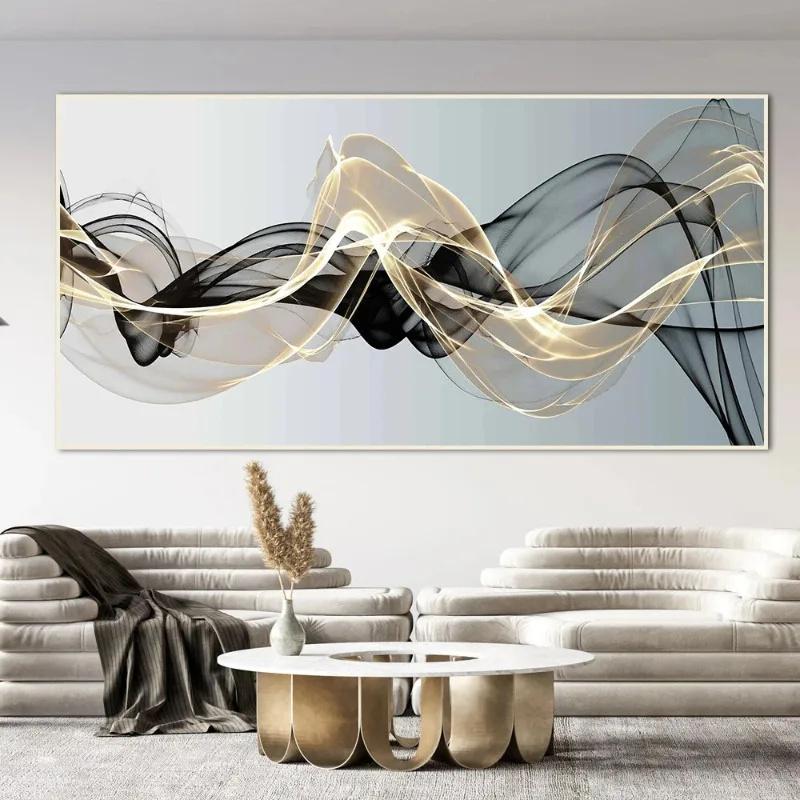 Modern Nordic Abstract Ink Wall Art Canvas Painting Gold and Black Versatile Ribbon Posters Prints Picture for Living Room Decor