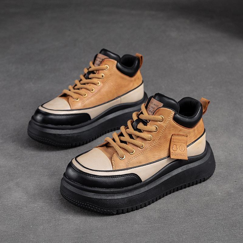 Johnature vielseitige, modische, gemischte Farben, flache Plateauschuhe für Damen, runde Zehen, Schnürschuhe mit dicker Sohle 38 gelb