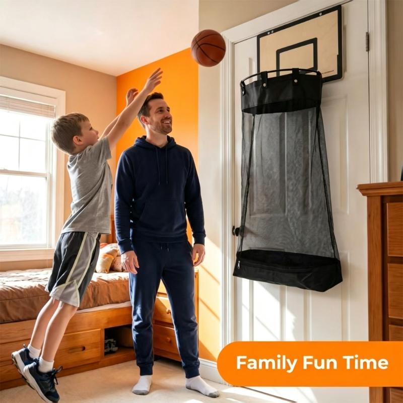 Wall-Mounted Basketball Laundry Hamper with Wood Rear Panel, Folding Steel Toss Frame, Removable Polyester Bag, and Lower Release Opening