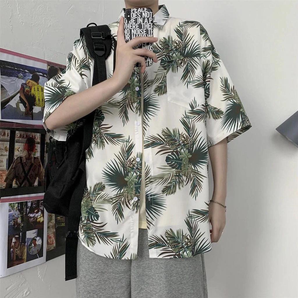 Uniseksowa letnia koszula z krótkim rękawem w kwiaty - Podróż Hainan Sanya i casualowy styl hongkoński