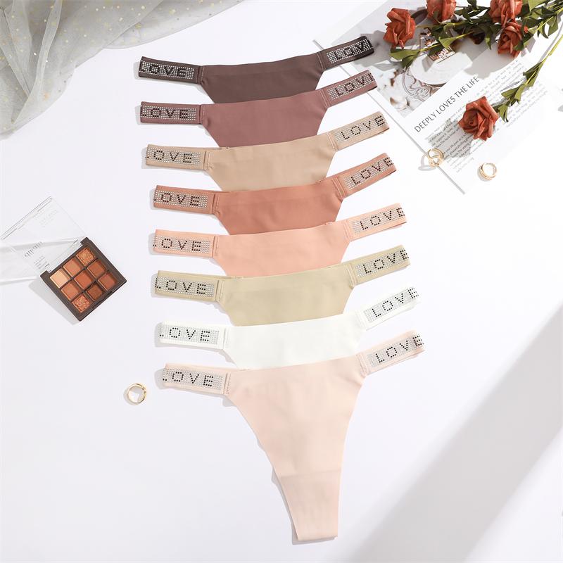 3Pcs Sexy Seamless Women's Underwear Low Waist Rhinestones Letter Thong Solid Stretch G-string Ladies Sports Bikini Lingerie New