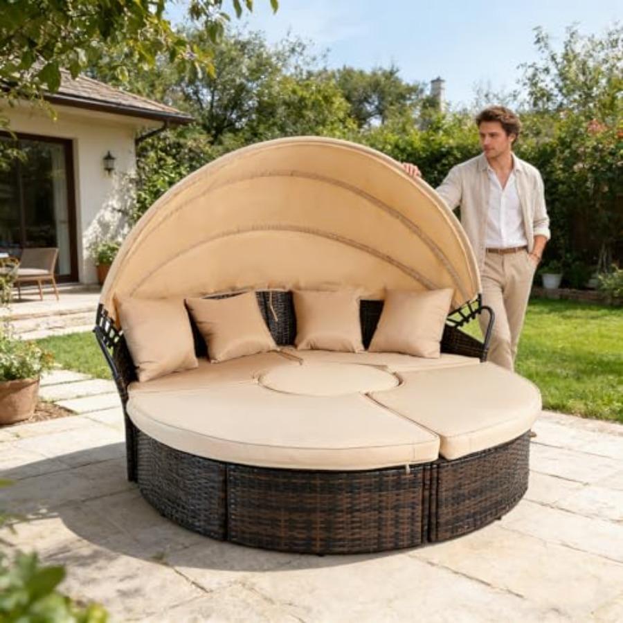 Outdoor Patio Round Daybed with Retractable Canopy, Brown Wicker Furniture Sectional Couch with Washable Cushions, Backyard, Po