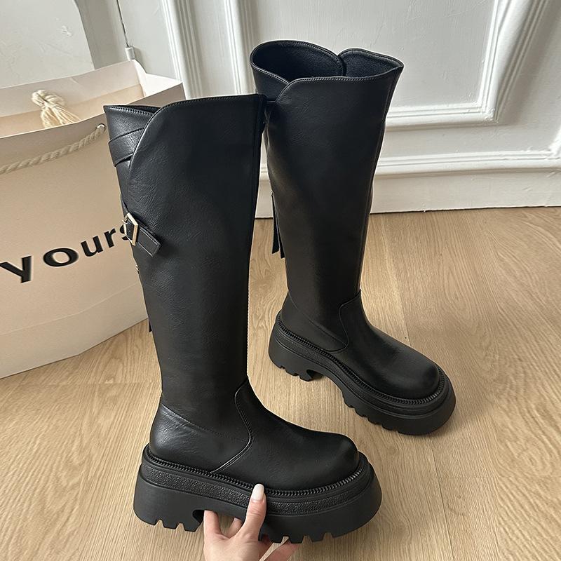 Small thick-legged and thin thick-soled women's boots with belt buckle 2025 autumn and winter retro tall retro knight boots