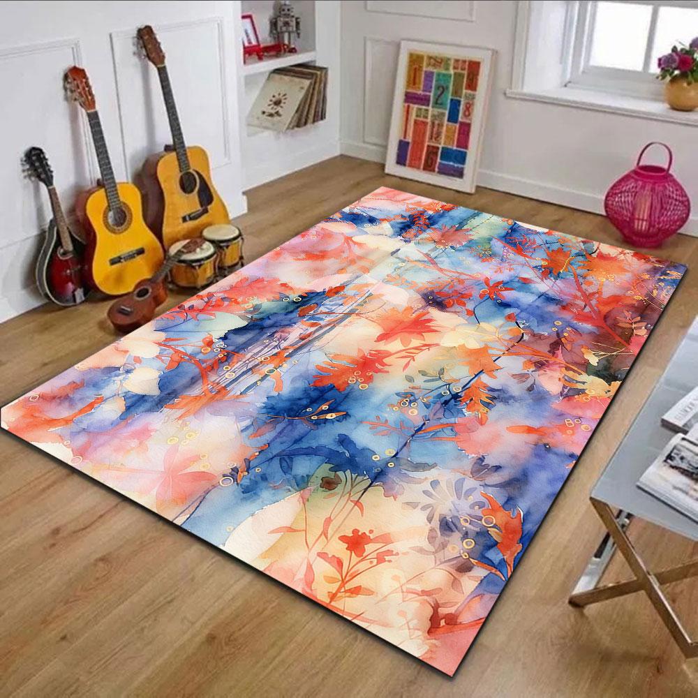Vibrant Watercolor Floral Pattern Patterned carpet, non slip mat suitable for living room and bedroom sofas