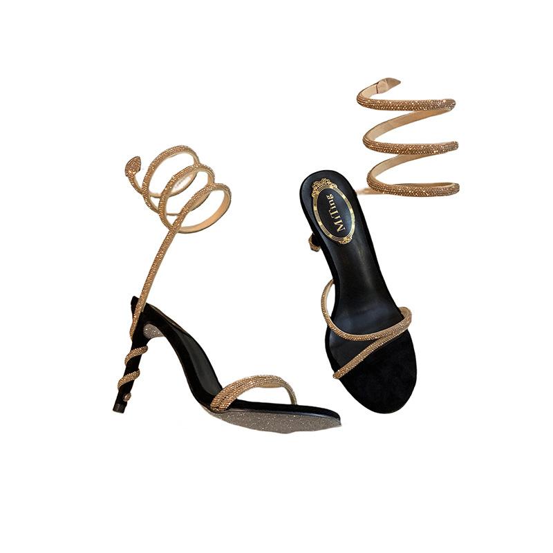 Sandals SummerSocialiteDiamond Thin Belt Snake Wrap Foot FashionHigh Heel Thin Heel Round Toe Open Toe Women's