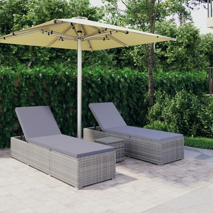 VidaXL Chaises longues de jardin table à thé 3 pcs Résine tressée Gris