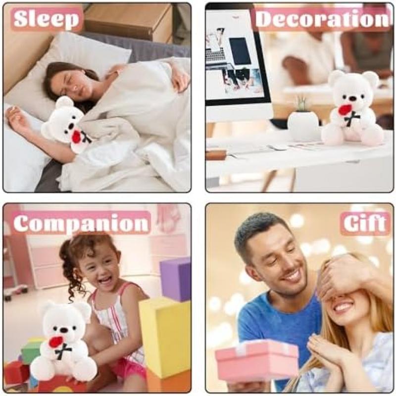 LIHIQIYA White Teddy Bear 25cm, Teddy Bear Holding Rose Plush Toy, Valentine's Day/Easter Gift for Girlfriend Wife