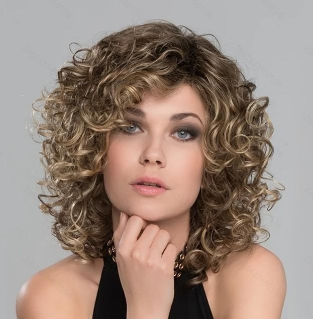 

Жіночий золотий градієнтний пухнастий перук з довгою чубчиком і коротким кучерявим волоссям