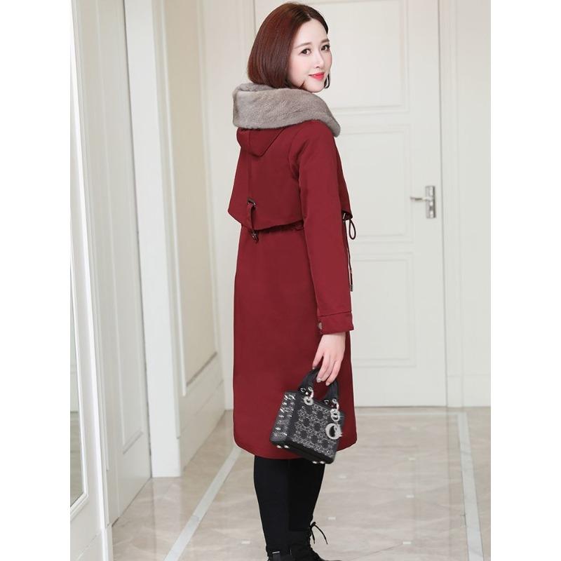 Winter Verdickter Abnehmbarer Faux Nerzkragen Kaninchenfellfutter Mittellanger Parka Mantel Damen