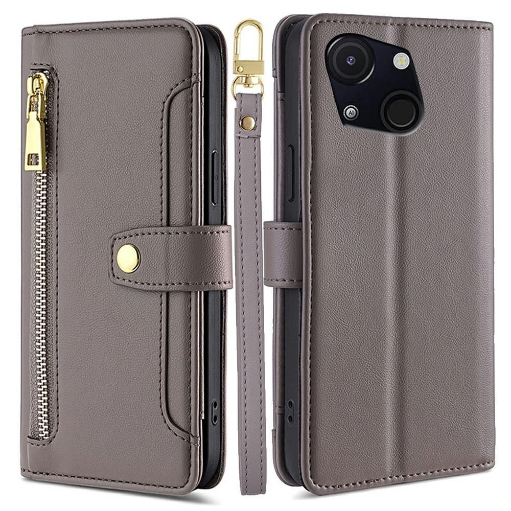 For Itel A50C Leather Case Zipper Pocket Wallet Phone Cover with 2 Straps