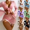 Women's 4-Piece Tassel Trim Mesh Swimsuit Cover-Up Set, Tie-Front Bell Sleeve Top and Skirt Bikini Set for Beach