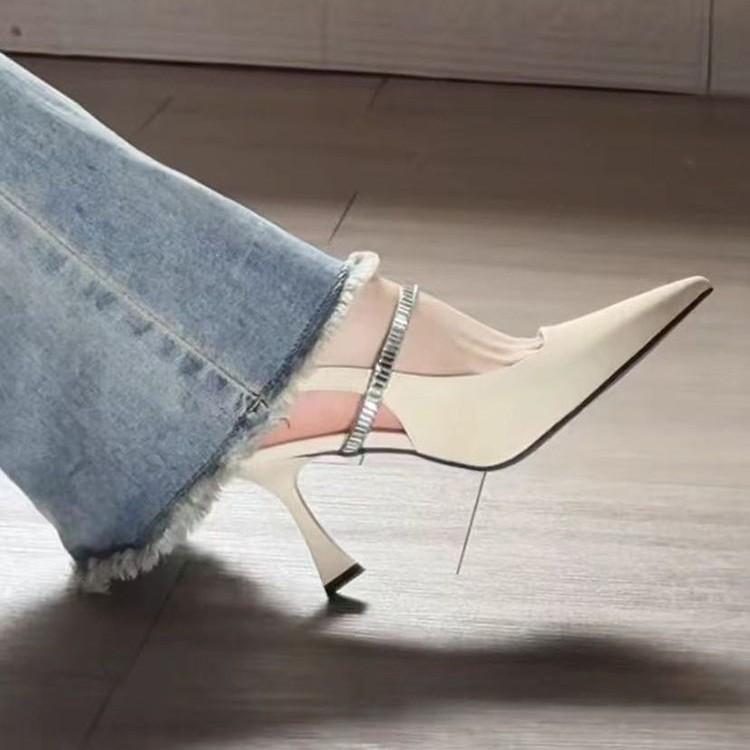 French back strap black pointed high heels rhinestone thin heel niche with skirt single shoes sandals women's black summer