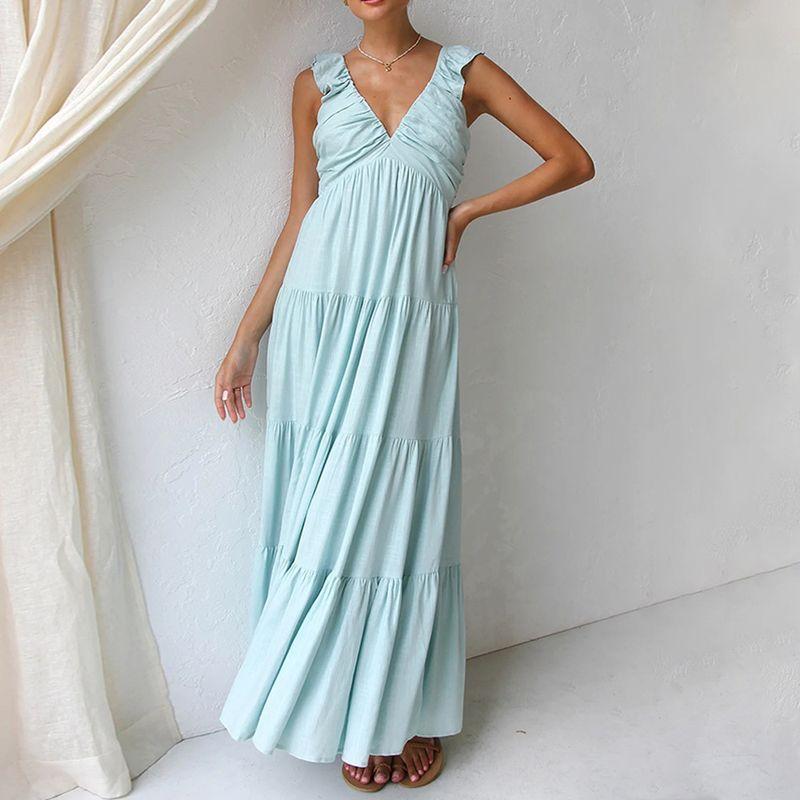 

Vacuum Beachdress Summer V-neck Sexy Cotton Linen Sleeveless Lace Sling Vacation Beach dress Light Blue XL
