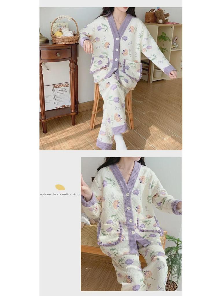 Damen Cartoon Baumwollpyjama Set - Warm und stilvoll für Herbst/Winter