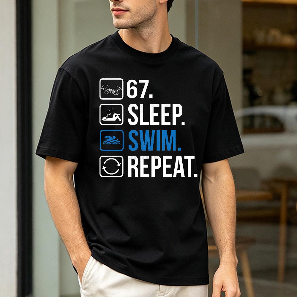 Eat Sleep Swim Repeat Checklist SummerunisexCotton T-Shirt Simple Icon Text Swimmer Minimal Sports Graphic Short Sleeve Wear