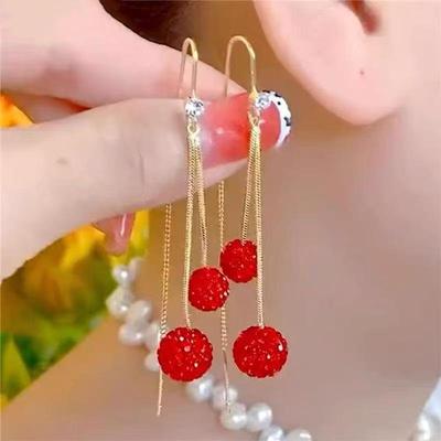 Elegant Red Diamond Tassel Ball Earrings: Long, Round, Fashionable Accessories