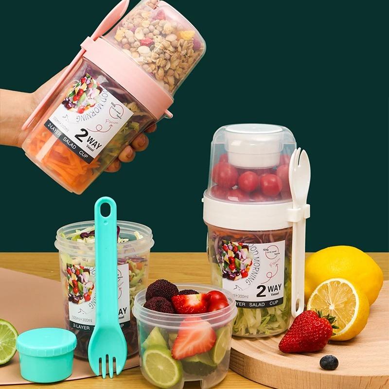 Double Layer Plastic Salad Cup with Spoon Lid Breakfast Cup Yogurt Cereal Overnight Oatmeal Sealed with Fork Portable Light Food
