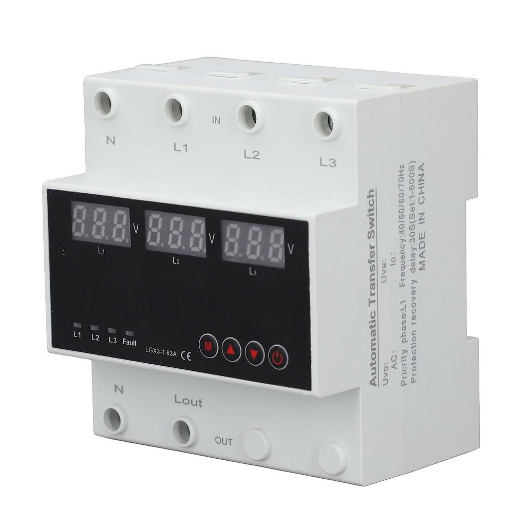 Automatic Transfer   DIN Rail Mounted 3 Phase   LED Display Under Over Voltage Protector