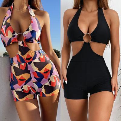 Costume da bagno intero stampato da donna sexy con anello in acciaio grande