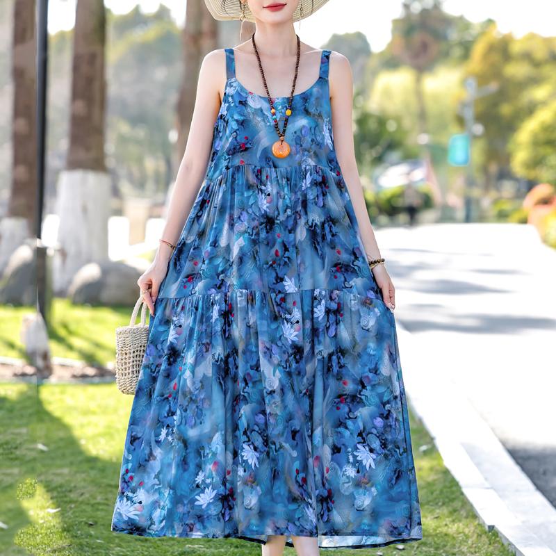 Elegant Sling Dress for Women Plus Size Casual Summer Long Dress Vintage Middle-aged Women's Clothing