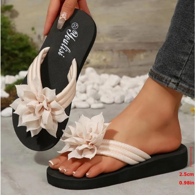 All-Season Floral Embellished Flip-Flops - 1pc Women'S Solid Color Slip-On Vacation Style - Fabric Upper, EVA Sole & Insole, Mid Heel