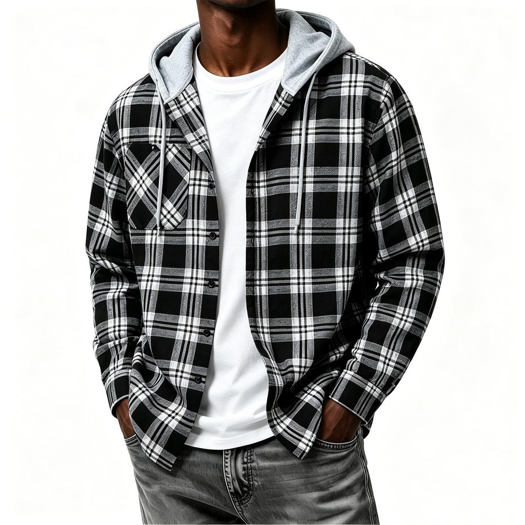 Men's Flannel Plaid Button-Up Hooded Shirt Jacket for Casual Wear