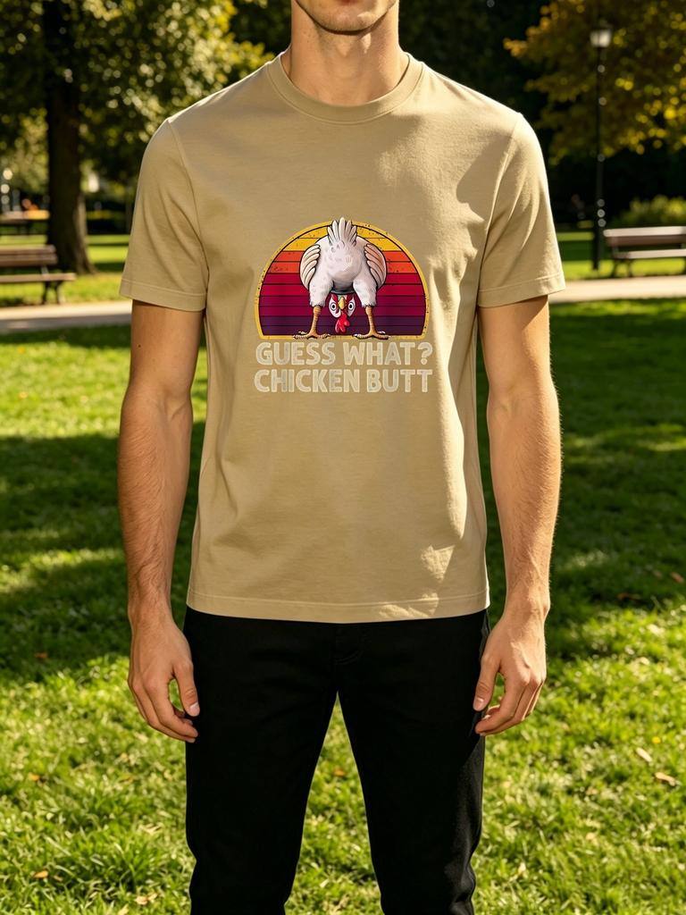 Funny Retro Sunset Guess What Chicken Butt Humor Graphic Print Unisexs Crew Neck Short Sleeve Tee Casual Daily Soft Basic Wear Top