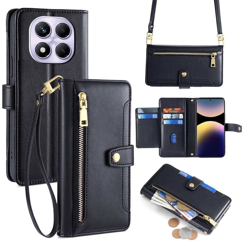 For Xiaomi Redmi Note 14 Pro 4G Case Zipper Pocket Wallet Leather Phone Cover with 2 Straps
