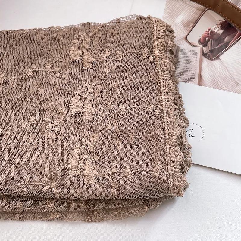 VREOVOR Vintage Hollow Lace Scarf Women's Shawl Silk Transparent White Gauze Embroidered Thin Cotton and Linen Spring and Autumn