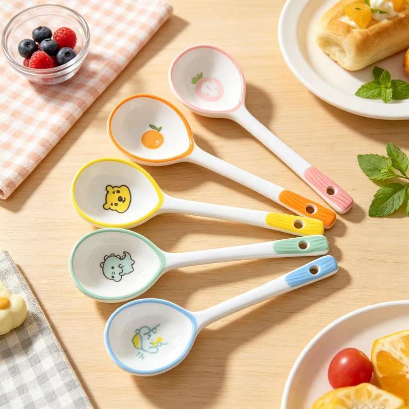 Long Handle Hand-Painted Ceramic Spoon - Cute Cartoon Design