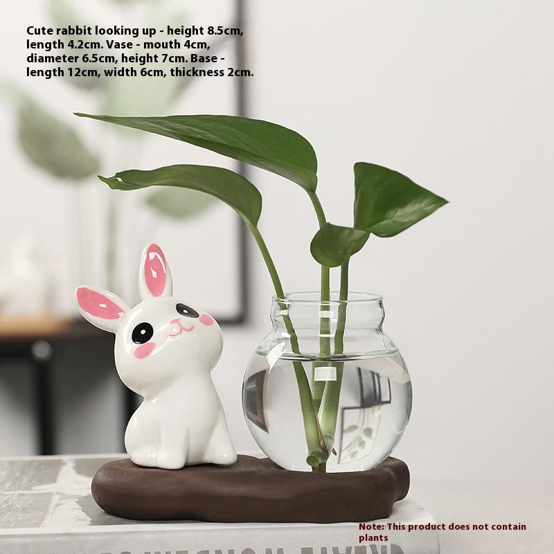 Cute Rabbit Hydroponic Plant Vases Transparent Glass Vase Tabletop Decoration Aquatic Flower Bottle With Wooden Base