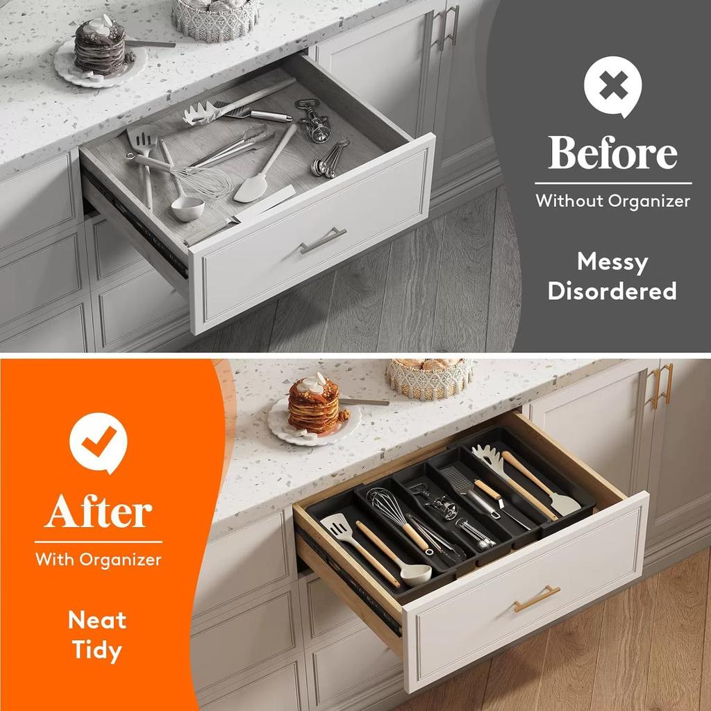 Tableware Storage Box with Expandable Desktop Drawer for Storing Knives, Forks, and Cutlery, Portable Partition and Organization