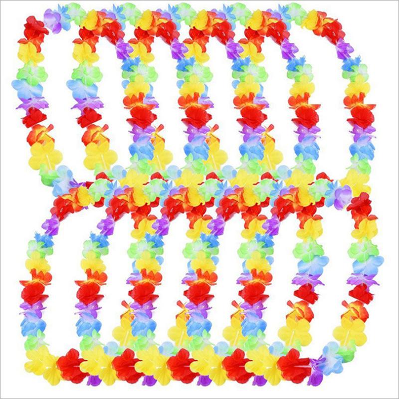 5/10pcs Tropical Hawaii Party Colorful Silk Leis Flower Wreath Necklace For Hawaii Beach Theme Party Decoration Supplies